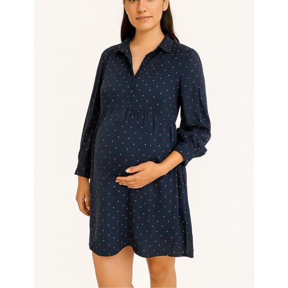 HATCH Satin Long Sleeve Polka Dot Navy Blue Maternity Shirt Dress Sz Small - Picture 1 of 11